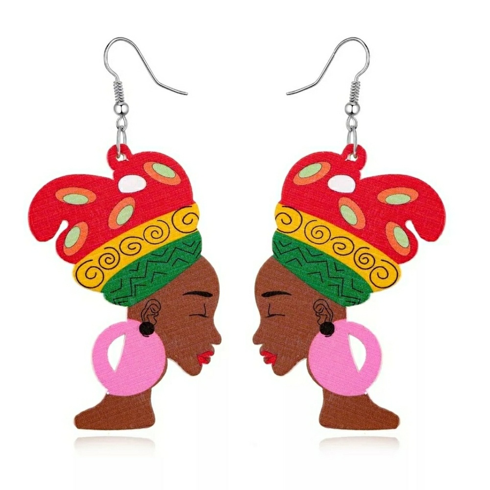 African Headwrap Crown Wooden Painted Earrings